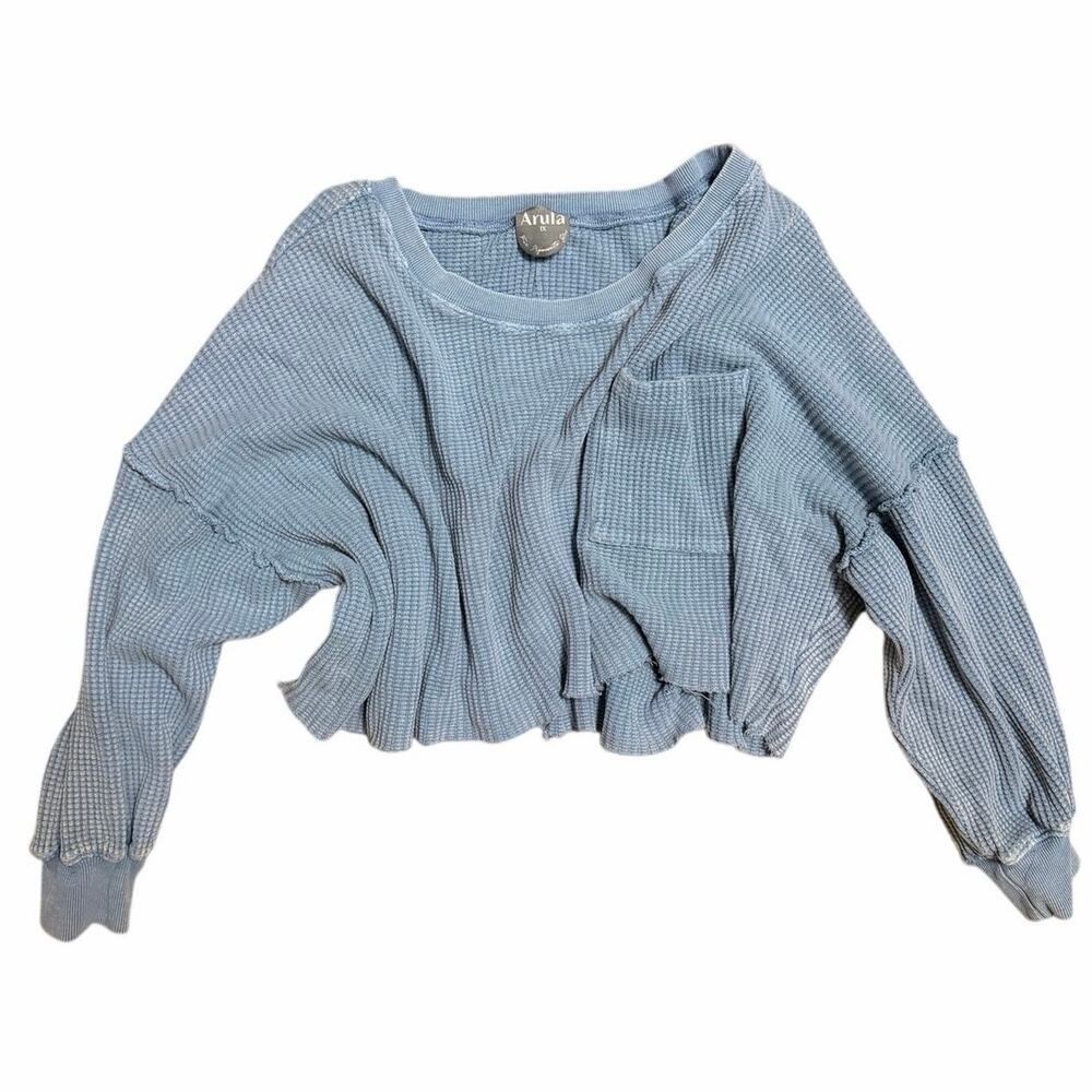 Arula Blue Waffle Knit Distressed Cropped Long Sleeve Thermal Top 1X